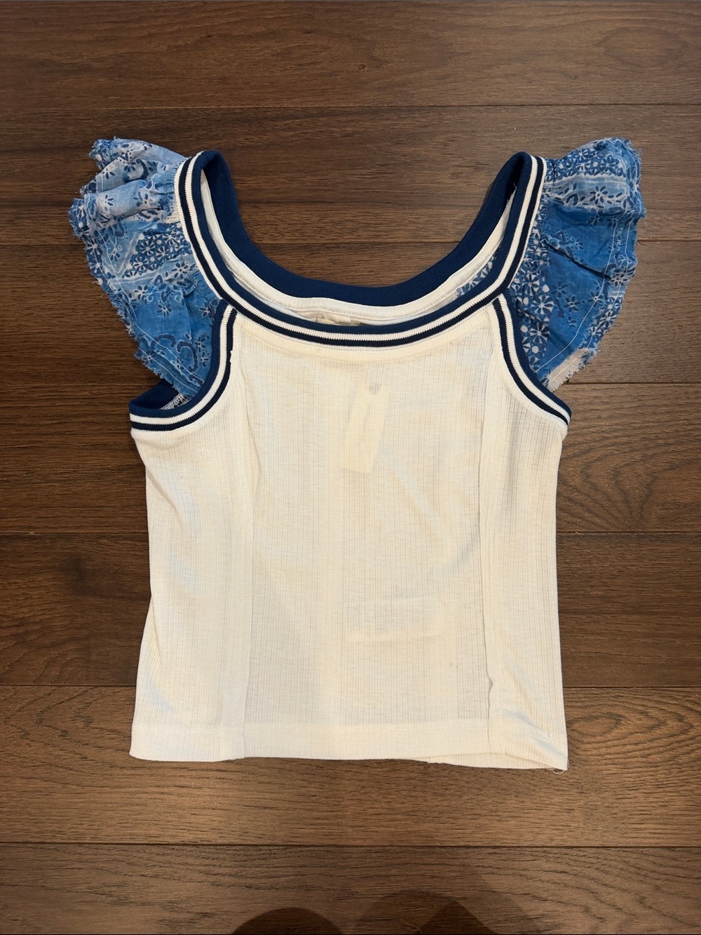 Pilcro White Ribbed Tank with Navy Trim and Blue Lace Flutter Sleeves